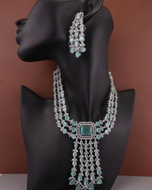 Three-layered Emerald Elegance AD Stones Silver Plated Drop Earrings Jewellery Set