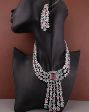 Three-layered Emerald Elegance AD Stones Silver Plated Drop Earrings Jewellery Set