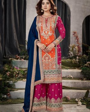 Gracefully Heavy Embroidered Orange Red Colour Beautiful Chinon Fabric Ceremonial Palazzo Dress Semi stitched