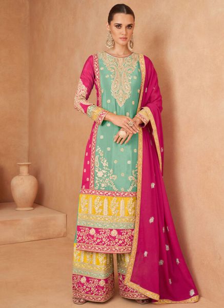Light Cyan Colour Chinon Silk Stitched Embroidered Palazzo Dress