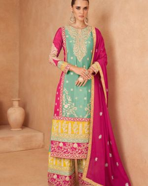 Light Cyan Colour Chinon Silk Stitched Embroidered Palazzo Dress