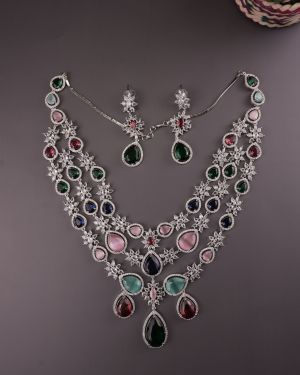 Brass Real AD Necklace Jewelry Navratan Necklace Set