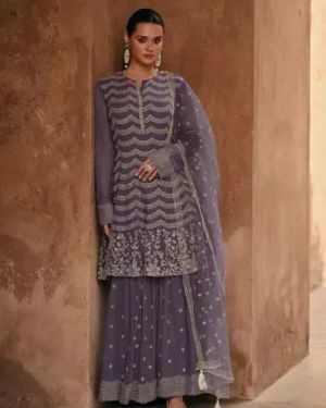 Mauve Georgette Designer Style Embroidered Sharara Suit