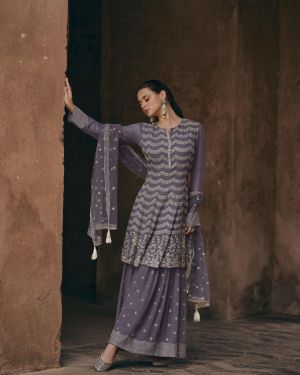 Mauve Georgette Designer Style Embroidered Sharara Suit