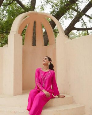 ROMAN SILK CALF-LENGTH COORDINATED SET WITH SUBTLE EMBROIDERY AND FLARED SLEEVES