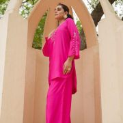ROMAN SILK CALF-LENGTH COORDINATED SET WITH SUBTLE EMBROIDERY AND FLARED SLEEVES