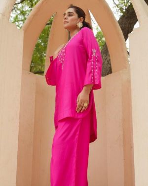 ROMAN SILK CALF-LENGTH COORDINATED SET WITH SUBTLE EMBROIDERY AND FLARED SLEEVES