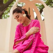 ROMAN SILK CALF-LENGTH COORDINATED SET WITH SUBTLE EMBROIDERY AND FLARED SLEEVES