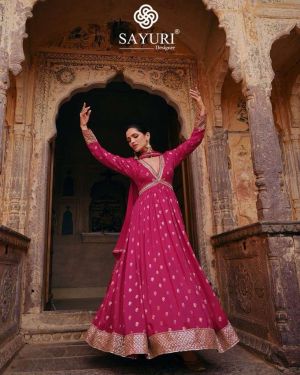 Pink Embroidered Jacquared Silk Free Size Stitched Gown.