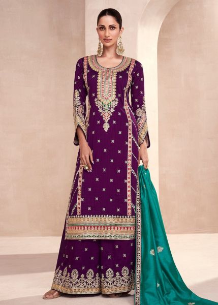 Purple Embroidered Premium Silk Palazzo Suit with Teal Dupatta