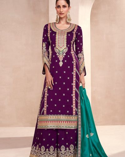 Purple Embroidered Premium Silk Palazzo Suit with Teal Dupatta
