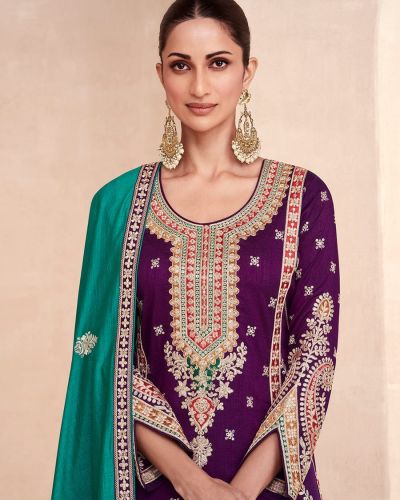 Purple Embroidered Premium Silk Palazzo Suit with Teal Dupatta