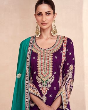 Purple Embroidered Premium Silk Palazzo Suit with Teal Dupatta