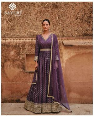 Viscose Reception Gown in Purple and Violet with Bugle Beads work