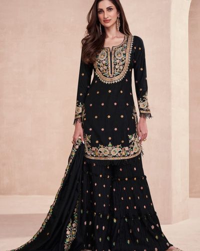 Black Embroidered Sharara Suit Set