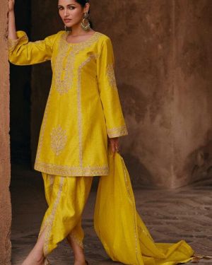 Embroidered Art Silk Punjabi Suit in Yellow
