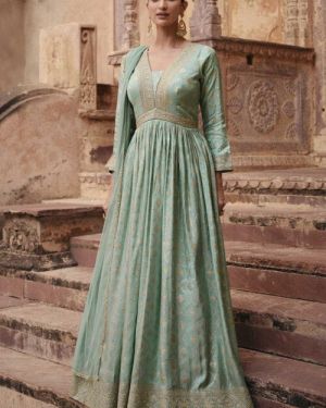 Woven Art Silk Jacquard Abaya Style Suit in Pastel Green