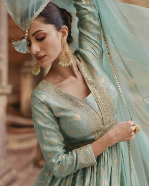 Woven Art Silk Jacquard Abaya Style Suit in Pastel Green