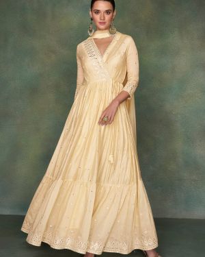 Pure Silk Cream Embroidered Reception Wear Indian Gown