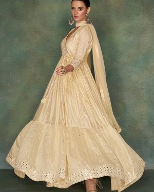 Pure Silk Cream Embroidered Reception Wear Indian Gown