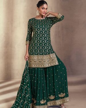 Dark Green Colour Chinon Silk Embroidered Stitched Sharara Suit