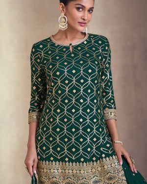Dark Green Colour Chinon Silk Embroidered Stitched Sharara Suit