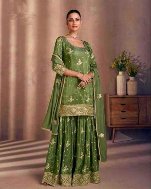 Green Embroidered Chinnon Stitched Straight Suit (Size Upto 42)
