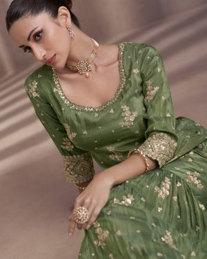 Green Embroidered Chinnon Stitched Straight Suit (Size Upto 42)
