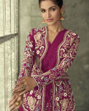 Georgette Magenta Color One Minute Readymade Party Wear Gown With Embroidered Jacket