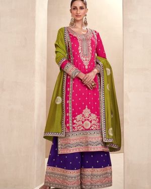 Readymade Pink Embroidered Silk Palazzo Suit