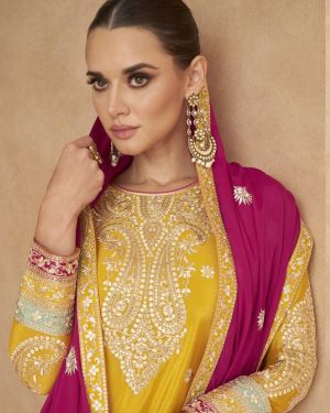Yellow Embroidered Chinon Semi Stitched Salwar Suit