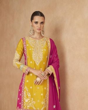 Yellow Embroidered Chinon Semi Stitched Salwar Suit