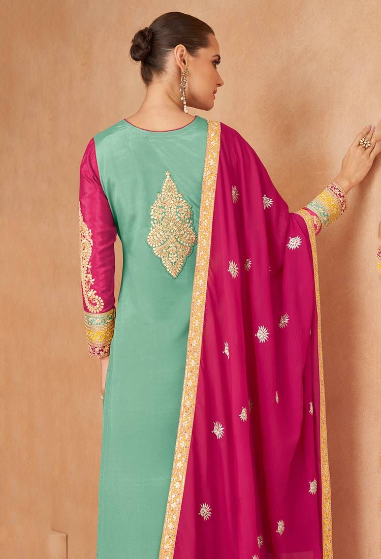 Light Cyan Colour Chinon Silk Stitched Embroidered Palazzo Dress