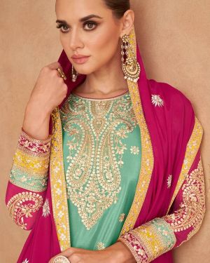 Light Cyan Colour Chinon Silk Stitched Embroidered Palazzo Dress