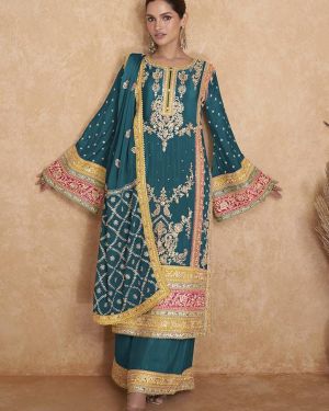 Dark Teal Color Embroidered Chinnon Palazzo Suit Stitched