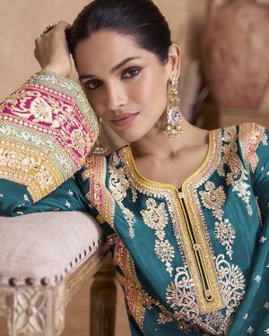 Dark Teal Color Embroidered Chinnon Palazzo Suit Stitched