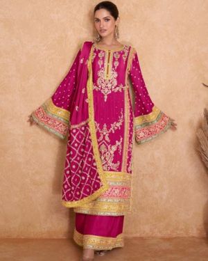 Drak Pink zari embroidered straight kurta plazo suit