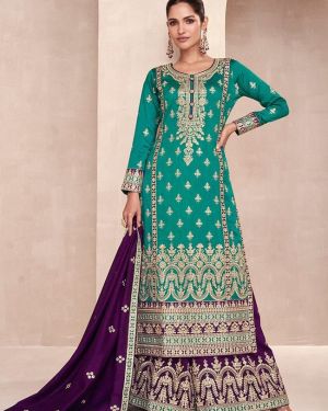 Silk Embroidered Pakistani Style Palazzo Salwar Suit In Teal Blue –