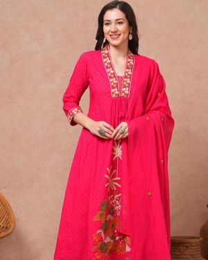 Solid Floral Embroidered A-Line Paneled Kurta with Pant & Dupatta – Pink