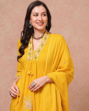 Solid Floral Embroidered A-Line Paneled Kurta with Pant & Dupatta – Yellow