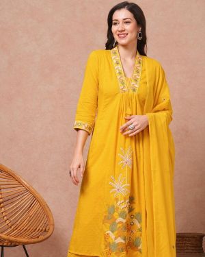 Solid Floral Embroidered A-Line Paneled Kurta with Pant & Dupatta – Yellow