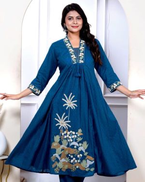 Premium Quality Pure Dobby Cotton Embroided Anarkali Pant With Dupatta Set-Navy Blue, Teal Blue.