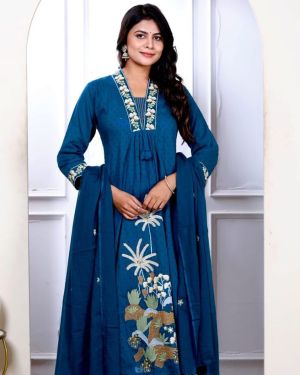 Premium Quality Pure Dobby Cotton Embroided Anarkali Pant With Dupatta Set-Navy Blue, Teal Blue.