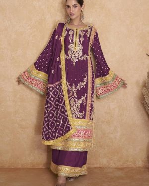 Wine Chinnon Heavy Embrodiary Designer Pakistani suit