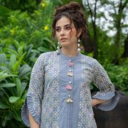 FASHION DWAR Floral Embroidered Mandarin Collar Pure Cotton Top With Trouser