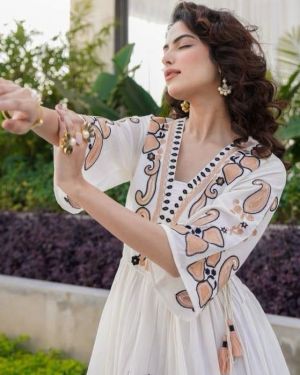 HEMAL CARAMEL COTTON EMBROIDERY DRESS