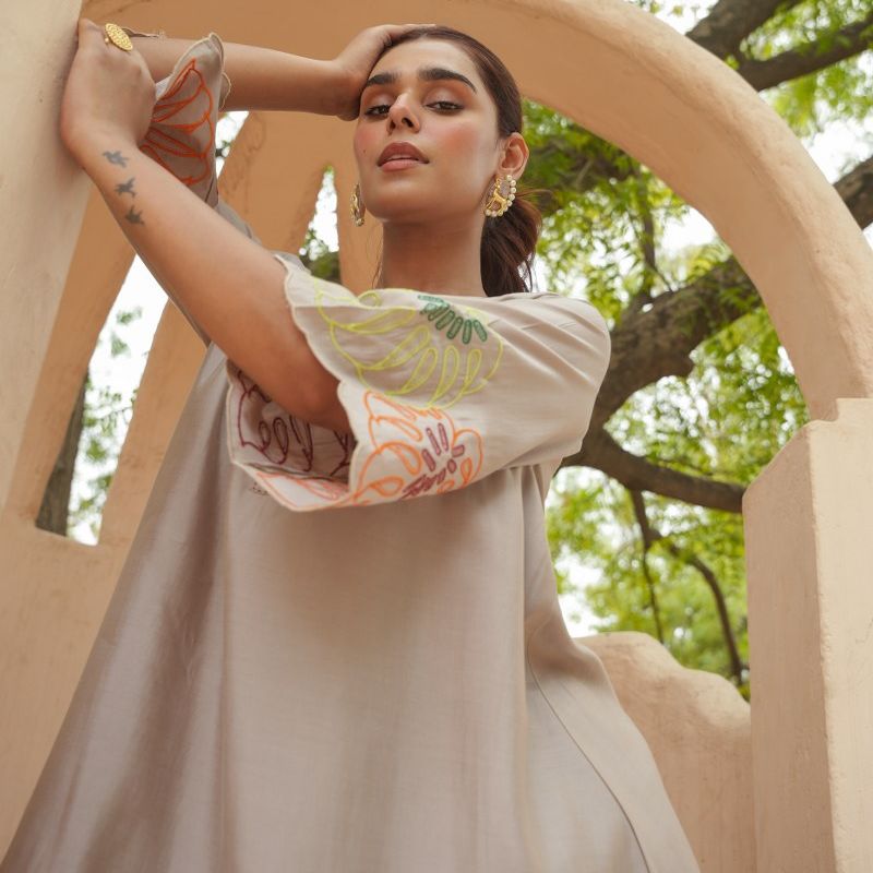 HAND EMBROIDERED BEIGE COORD SET
