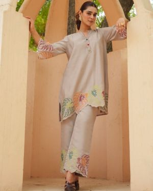 HAND EMBROIDERED BEIGE COORD SET
