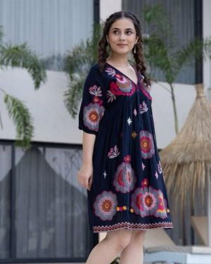Black Cotton Midi Dress With Embroidered Bodice & Elbow-Length Sleeves
