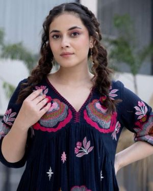 Black Cotton Midi Dress With Embroidered Bodice & Elbow-Length Sleeves